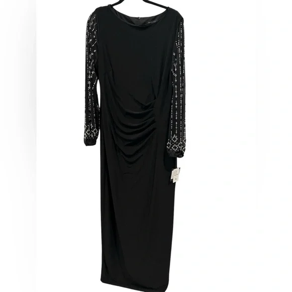 NWT Marina boat neck jersey long beaded sleeve back slit sheath black Dress - Picture 6 of 11